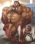 5_fingers 5_toes anthro balls barazoku barefoot beard belly biceps big_balls big_muscles big_penis biped bodily_fluids body_hair brown_body brown_fur brown_hair chest_hair facial_hair feet fingers flaccid foreskin fur genitals gym gym_bag hair hairy huge_balls huge_muscles huge_penis humanoid_genitalia humanoid_penis jewelry locker_room long_penis male musclegut muscular muscular_anthro muscular_male necklace nipples nude penis solo standing steam sweat thick_penis toes towel tusks artizek broody mammal suid suina sus_(pig) wild_boar 4:5 hi_res