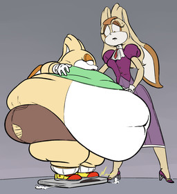 anthro belly belly_overhang big_belly clothing duo female gloves green_clothing green_shirt green_topwear grey_background handwear huge_belly hyper hyper_belly morbidly_obese morbidly_obese_anthro morbidly_obese_female navel obese obese_anthro obese_female overweight overweight_anthro overweight_female purple_clothing shirt simple_background thick_thighs topwear weight_gain ultrahand sega sonic_the_hedgehog_(series) cream_the_rabbit vanilla_the_rabbit lagomorph leporid mammal rabbit hi_res daughter_(lore) mother_(lore) mother_and_child_(lore) mother_and_daughter_(lore) parent_(lore) parent_and_child_(lore) parent_and_daughter_(lore)