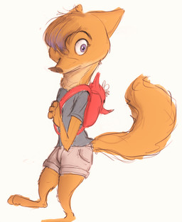 anthro backpack barefoot biped clothed clothing feet female hair hair_over_eye highlights_(coloring) one_eye_obstructed purple_eyes purple_highlights simple_background solo standing white_background sprinkah disney zootopia fan_character tommy_(sprinkah) canid canine fox mammal 2017 hi_res