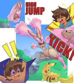 >_< ambiguous_gender anthro black_sclera bodily_fluids body_swap brown_body brown_fur brown_hair butt dark_body dark_skin day eyes_closed featureless_crotch female fight fur glistening glistening_body glistening_fur grass group hair heart_in_mouth jumping male nervous nervous_sweat open_mouth outside pink_body pink_fur pink_hair plant red_eyes sky smile sweat tail text thick_thighs trio wide_hips psibunny nintendo pokemon axel_(poke789) generation_1_pokemon generation_4_pokemon human lopunny mammal pikachu pokemon_(species) shiny_pokemon comic english_text hi_res