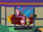 being_watched brown_body brown_fur duo female feral fur happy kerchief looking_at_another male open_mouth outside pink_body riding smile tail text rockpankake nintendo pokemon furret generation_2_pokemon pokemon_(species) shiny_pokemon 2025 4:3 digital_media_(artwork) english_text hi_res