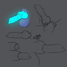 animal_genitalia animal_penis anthro ball_squeeze balls becoming_erect big_balls big_penis blue_penis bodily_fluids canine_genitalia canine_penis close-up disembodied_penis dripping erection fully_sheathed fur genital_fluids genital_focus genitals glowing glowing_genitalia glowing_penis half-erect holding_balls holding_penis knot knot_grab knot_in_sheath leaking_precum male penile_spines penis precum precum_drip sheath solo teal_penis text turquoise_penis urethra conditional_dnp shirufox absurd_res english_text hi_res