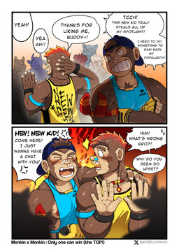 5_fingers anthro brown_body brown_fur clothed clothing dialogue duo_focus fingers fur group male text desfrog monkin_(desfrog) haplorhine mammal monkey primate absurd_res comic english_text hi_res