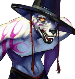 anthro arm_tattoo blue_body clothing fangs_bared grin hat headgear headwear male simple_background smile solo tattoo white_background white_body sssnake_mg canid canine canis domestic_dog mammal hi_res