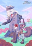 anthro blush clothing dark_body dark_fur date duo female flower fur gun outside plant ranged_weapon red_eyes size_difference text uniform weapon white_body white_fur ttux3 khulico_(ttux3) minh_(ttux3) canid canine canis mammal rodent sciurid tree_squirrel wolf hi_res url adopted_(lore) adopted_daughter_(lore) adult_(lore) daughter_(lore) mother_(lore) mother_and_child_(lore) mother_and_daughter_(lore) parent_(lore) parent_and_child_(lore) parent_and_daughter_(lore)