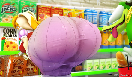 anthro bent_over beverage big_breasts big_butt breasts bubble_butt bulging_eyes butt cent_sign cereal chain clothing currency_symbol dress duo electronics female food grocery_store headphones holding_object huge_butt juice_(beverage) looking_at_butt male male/female milk orange_juice scut_tail short_tail store symbol tail text thick_thighs tight_clothing tongue tongue_out wide_hips ayaxstudio cindablimp apple_jacks corn_flakes honey_nut_cheerios sega sonic_the_hedgehog_(series) vanilla_the_rabbit vector_the_crocodile crocodile crocodilian lagomorph leporid mammal rabbit reptile scalie 2025 3d_(artwork) absurd_res artist_name digital_media_(artwork) hi_res source_filmmaker_(artwork)