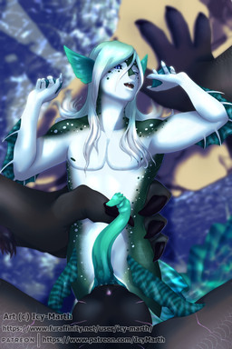 black_body blue_eyes feral genitals green_body green_fins knot male male/male penis size_difference split_form white_body icy-marth mermay mythology uzumati_(daedalus_darkblade) aquatic dragon merfolk mythological_creature mythological_scalie scalie hi_res