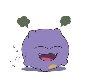 ambiguous_gender blush eyes_closed fangs japanese not_furry open_mouth open_smile simple_background smile solo teeth text white_background ichthy0stega nintendo pokemon generation_1_pokemon koffing pokemon_(species) waddling_head 2015 japanese_text