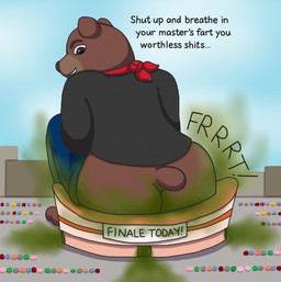 anthro big_butt butt city city_background clothed clothing degradation degradation_text dialogue fart fart_cloud fart_hotbox green_fart_cloud insult macro male smile solo stadium tail text tobymcdee propanebear bear mammal ursine digital_media_(artwork) english_text hi_res
