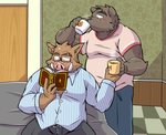 anthro beverage blush book bottomwear brown_body brown_fur clothing coffee detailed_background duo eyewear fur glasses humanoid_hands kemono male male/male overweight overweight_male pants reading shirt sitting topwear oogamikennta bear mammal suid suine sus_(pig) wild_boar 2015