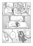 2_horns 5_fingers >o< anthro bed bedding black_body black_ears black_fur black_tail black_tuft black_wings blanket bra breasts clothing comic_panel curtains dialogue eyes_closed female female_anthro female_human fingers fur furniture hair half-closed_eyes head_tuft heart_(marking) holding_blanket horn long_ears markings medium_breasts membrane_(anatomy) membranous_wings messy_hair narrowed_eyes neck_tuft on_bed open_curtains open_mouth pajamas panties pillow spade_tail tail talking_to_another text tired tuft underwear white_bra white_cheeks white_clothing white_horn white_markings white_panties white_tuft white_underwear window_curtains wings o-den bibi_(o-den) demon human mammal succubus absurd_res comic hi_res japanese_text monochrome translation_request