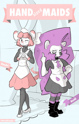 anthro big_hair boots bottomwear breasts buckteeth clothed clothing container cup duo eyebrow_piercing eyeliner facial_piercing female footwear fur gesture hair hand_gesture heart_gesture high_heels leather leather_boots leather_clothing leather_footwear legwear looking_at_viewer maid_apron maid_uniform makeup markings micro middle_finger one_eye_closed pattern_clothing pattern_legwear piercing pink_hair purple_hair rolled_up_sleeves shoes skirt skull_(marking) smile stockings striped_clothing striped_legwear stripes tail teeth text thigh_highs topwear uniform whiskers white_body white_fur wink mardymuntjak heidi_(mardymuntjak) renfri_(mardymuntjak) eulipotyphlan hedgehog mammal murid murine rat rodent 2025 9:14 digital_media_(artwork) hi_res