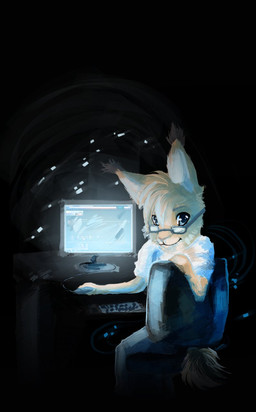 anthro biped black_background chair clothing computer computer_mouse desk electronics eyewear furniture glasses hair keyboard looking_at_viewer male monitor office_chair shirt short_hair simple_background sitting smile solo table topwear konveekou microsoft microsoft_windows kitt-n-valentine felid feline lynx mammal digital_media_(artwork) digital_painting_(artwork) hi_res painting_(artwork)