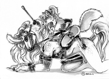 all_fours animal_genitalia animal_penis anthro anthro_on_anthro balls bdsm bondage bound braided_hair breasts bridle carrying_another clothing corset dominant dominant_female duo equine_genitalia equine_penis erection female fur genitals hair harness larger_male lingerie male nipples penis petplay piggyback ponyplay profile raised_tail reins riding_crop roleplay saddle sheath size_difference smaller_female straddling tail topwear whip dark_natasha heather_bruton canid canine equid equine fox horse mammal 2009 greyscale monochrome signature