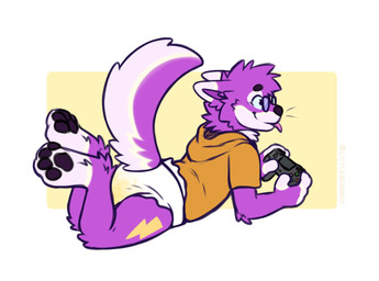 ambiguous_gender anthro black_nose black_pawpads bodily_fluids clothed clothing controller diaper dipstick_ears ear_markings eyewear fur gaming genital_fluids glasses holding_controller holding_object hoodie leg_markings lightning_bolt lying markings multicolored_body multicolored_ears multicolored_fur multicolored_tail on_front orange_clothing orange_hoodie orange_topwear pawpads purple_body purple_fur purple_inner_ear purple_tail simple_background smile socks_(marking) solo tail tongue tongue_out topwear twitter_handle unclean_diaper urine used_diaper wearing_diaper wearing_glasses wet_diaper white_body white_diaper white_ear_tips white_fingers white_fur white_tail littlebeauboy softtailadmirer canid canine canis domestic_dog mammal full-length_portrait hi_res portrait