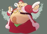 anthro belly bottomwear brown_body brown_fur bulge christmas_clothing christmas_headwear clothing cookie exclamation_point food fur hat headgear headwear holidays humanoid_hands male milk overweight overweight_anthro overweight_male pants santa_hat solo underwear bearwithabroom christmas brum santa_claus bear mammal 2020 hi_res