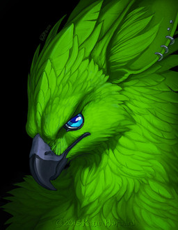beak black_background black_beak blue_eyes feathers feral green_body green_feathers simple_background katie_hofgard avian bird 2015 digital_media_(artwork) signature watermark
