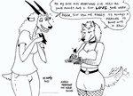 anthro bottomwear breasts cleavage clothed clothing dialogue duo female fingers fur furgonomics hair hooved_fingers hooves horn navel porn_star scut_tail short_tail skirt tail tail_motion tail_through_skirt tailwag text whiskers tegerio ashley_heartwood dani_(tegerio) antelope bovid canid canine canis mammal wolf 2021 black_and_white english_text monochrome herm_(lore)