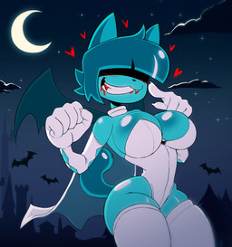 absolute_territory armwear bat_wings blood blush blush_lines bodily_fluids breasts cape claws cleavage clothed clothing crescent_moon detailed_background elbow_gloves female gem gesture gloves hair hand_gesture handwear heart_symbol hidden_eyes legwear looking_at_viewer membrane_(anatomy) membranous_wings moon sharp_teeth short_hair smile smiling_at_viewer tail teeth thigh_highs turqouise_hair turquoise_body vampire_costume wide_hips wings huwon goommy_(goommymuffin) bat felid feline felis ghost mammal spirit colored hi_res