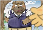 anthro belly black_nose blush bottomwear brown_body brown_fur clothing fur kemono male necktie outside overweight overweight_anthro overweight_male pants shirt solo topwear gatoggy bear mammal 2020