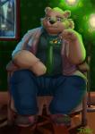 anthro belly biped bottomwear clothed clothing eyewear glasses half-closed_eyes male narrowed_eyes open_clothing open_shirt open_topwear overweight overweight_anthro overweight_male pants shirt sitting solo topwear aotoaka lifewonders tokyo_afterschool_summoners leib_(tas) bear mammal polar_bear ursine 2018 hi_res