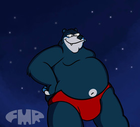 anthro black_nose blue_sky bulge clothed clothing grey_text half-closed_eyes light male monotone_clothing monotone_speedo monotone_swimwear moonlight narrowed_eyes navel night overweight overweight_male red_clothing red_speedo red_swimwear sky smile solo speedo speedo_only star swimwear topless foxmanad disney goof_troop dom_(foxmanad) bear black_bear mammal ursine signature