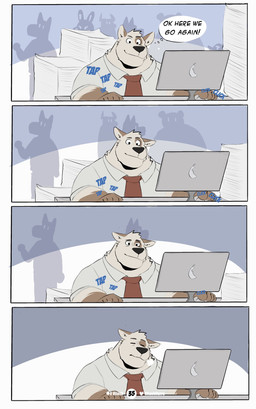 5_fingers anthro biped black_eyes bottomwear clothed clothing eyebrows falling_asleep fingers fully_clothed fur group hair happy male multicolored_body multicolored_fur neutral_expression office onomatopoeia overweight overweight_anthro overweight_male partially_clothed pivoted_ears silhouette simple_background sitting sleeping smile solo_focus sound_effects speech_bubble text tired toony topwear tuft working vitashi mammal 2024 colored comic digital_drawing_(artwork) digital_media_(artwork) english_description english_text hi_res multiple_scenes sequence
