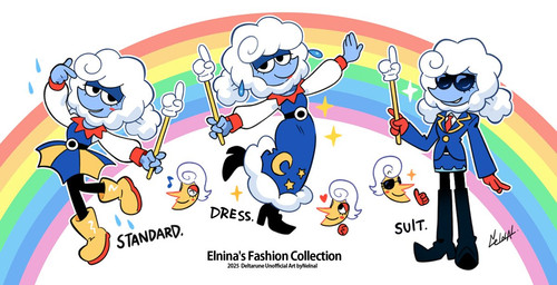 clothed clothing dress duo eyewear female male necktie not_furry rainbow rubber_boots simple_background solo_focus suit sunglasses text white_background nelnal deltarune undertale_(series) elnina_(deltarune) lanino_(deltarune) darkner elemental_creature elemental_humanoid humanoid english_text