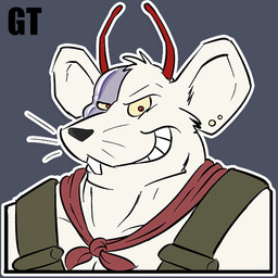 antennae_(anatomy) anthro ear_piercing faceplate kerchief male muscular neckerchief neckwear piercing red_eyes smile smiling_at_viewer smirk smirking_at_viewer solo sticker whiskers gtskunkrat biker_mice_from_mars vinnie_(bmfm) alien mammal mouse murid murine rodent 1:1