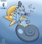 2018 angry blonde_hair blush breasts fakemon female fusion generation_1_pokemon generation_3_pokemon hair looking_at_viewer marine medicham navel nintendo nipples non-mammal_breasts pokemon pokemon_(species) pokemon_fusion seadra siphon_(anatomy) solo thetransformtentacle underwater water wide_hips yellow_eyes