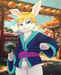 anthro asian_clothing blonde_hair blue_eyes clothing east_asian_clothing fundoshi fur hair japanese_clothing male solo underwear white_body white_fur young young_anthro young_male yukata damian5320 lagomorph leporid mammal rabbit absurd_res hi_res