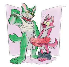 3_toes anthro balls barefoot big_penis blush bottomwear bottomwear_down clothed clothing comparing comparing_penis duo ear_piercing feet foreskin fur genitals green_body green_fur green_nose holding_penis huge_penis humanoid_genitalia humanoid_penis long_penis looking_at_genitalia looking_at_penis male male/male money multicolored_body muscular muscular_male open_mouth open_smile pants pants_down partially_clothed penile penis penis_awe penis_envy penis_size_difference penises_touching piercing red_body red_fur red_nose sharp_teeth shirt smile surprised tank_top teeth toes toony topwear two_tone_body vein white_body white_fur yellow_sclera vexyvoo canid canine canis mammal wolf 2020