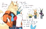anthro blue_body clothing dialogue fur group hair head_on_chest laugh looking_at_another male male/male muscular muscular_anthro muscular_male officer orange_body orange_fur running simple_background tail text uniform white_background yolko_shark nintendo pokemon arcanine eeveelution flareon generation_1_pokemon generation_2_pokemon jolteon pokemon_(species) umbreon vaporeon 2025 absurd_res english_text hi_res