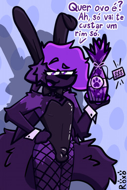 anthro big_ears big_tail bow_tie bulge bunny_costume clothing costume detailed_bulge ears_down easter_egg fake_ears fake_rabbit_ears fishnet_clothing fishnet_legwear fur hair holidays legwear leotard male pivoted_ears purple_body purple_fur purple_hair purple_tail shirt_collar shirt_cuffs solo standing tail talking_to_viewer text roxo_(artist) easter roxo canid canine fennec_fox fox mammal true_fox hi_res portuguese_text signature translated