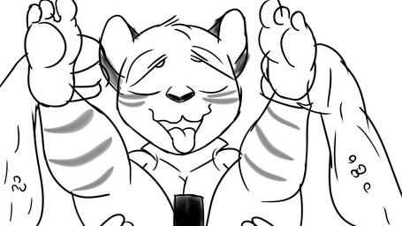 3_toes anthro censor_bar duo feet foot_grab humanoid_feet male male/male muscular muscular_anthro offscreen_sex orgasm orgasm_face plantigrade solo_focus toes usury40 felid mammal pantherine tiger 16:9 hi_res monochrome widescreen
