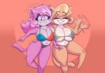 anthro big_breasts blue_eyes bra breast_squish breasts breasts_frottage brown_hair clothed clothing countershading duo eyes_closed female hair huge_breasts long_hair mature_female navel panties pink_hair short_hair smile squish underwear joelasko vg_cats aeris_(vg_cats) leo's_mother_(vg_cats) domestic_cat felid feline felis mammal 2017