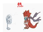 anthro bodily_fluids claws electric_fan food horn male popsicle popsicle_melting red_body scarf simple_background solo sweat tail toe_claws white_background yellow_eyes randomlyrab bandai_namco digimon digimon_ghost_game betelgammamon digimon_(species) hi_res