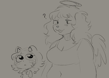 :3 anthro blep bra breasts brown_background clothed clothed_anthro clothed_female clothing duo feathered_wings feathers female female_anthro floppy_ears hair halo looking_at_another lop_ears question_mark shirt simple_background slightly_chubby slightly_chubby_anthro slightly_chubby_female smile tongue tongue_out topwear underwear wings chewtoyys lucky_(chewtoyys) angel canid canine canis domestic_cat domestic_dog felid feline felis mammal 2025 black_and_white digital_drawing_(artwork) digital_media_(artwork) half-length_portrait monochrome portrait sketch nonbinary_(lore)