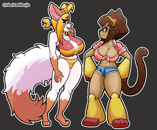 abs alternate_costume antenna_hair anthro armor bangs big_breasts bikini bikini_bottom bikini_top blonde_hair blue_bottomwear blue_clothing blue_eyes blue_pants blush bottomwear breasts brown_body brown_fur brown_hair chest_tuft cleavage clothed clothing clothing_swap cute_fangs daisy_dukes denim denim_bottomwear denim_clothing denim_shorts digitigrade dipstick_tail duo eyelashes eyewear fangs female female/female fluffy fluffy_tail fur goggles hair hand_on_chin hands_on_hips hotpants inner_ear_fluff long_ears markings multicolored_body multicolored_fur navel open_mouth open_smile pants pattern_clothing pattern_shirt pattern_topwear plaid plaid_clothing plaid_shirt plaid_topwear red_eyes shirt short_hair shorts skimpy smile swimwear tail tail_markings teeth tied_shirt tongue topwear tuft two-piece_swimsuit two_tone_body two_tone_fur whiskers white_body white_fur yellow_armor darkadibuja gameoverse glitch_productions las_lindas kit_bodega sarah_silkie domestic_cat felid feline felis mammal shorthair_cat crossover hi_res