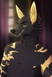 anthro black_body black_fur black_nose eyebrows eyelashes fur male smile solo teeth silvyr anubian_jackal canid canine canis jackal mammal 2021 digital_media_(artwork) hi_res