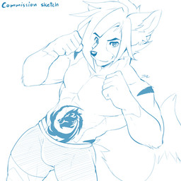 anthro bulge fist looking_at_viewer male navel simple_background smile solo tattoo text white_background sollyz canid canine fox mammal 1:1 2017 blue_and_white digital_drawing_(artwork) digital_media_(artwork) english_text hi_res monochrome signature sketch