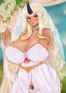 big_breasts biped blonde_hair breasts clothing colored_nails dark_body dark_skin dress female female_humanoid genitals hair horn huge_breasts humanoid_genitalia humanoid_vulva long_hair looking_at_viewer monster_girl_(genre) nails red_eyes small_waist solo standing thick_thighs vulva wedding_dress wedding_veil wide_hips bo4a monster_musume tionishia_(monster_musume) humanoid ogre absurd_res hi_res