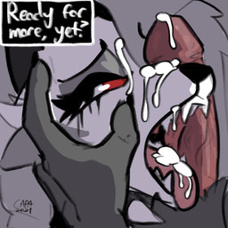 anthro bodily_fluids claws cum cum_drip cum_in_mouth cum_inside cum_on_face cum_on_tongue dialogue dialogue_box dripping duo erection eyelashes face_grab fangs female finger_claws fur genital_fluids genitals grey_body grey_fur grey_hair hair looking_pleasured male male/female multicolored_body multicolored_fur open_mouth oral_invitation penis penis_on_face red_sclera sharp_teeth teeth text tongue tongue_out two_tone_body two_tone_fur uvula vein veiny_penis white_body white_eyes white_fur capaoculta hellaverse helluva_boss mythology loona_(helluva_boss) canid canid_demon canine demon hellhound mammal mythological_canine mythological_creature 1:1 2021 digital_media_(artwork) english_text hi_res