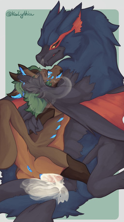 anthro anus arm_grab arm_warmers armwear beak biped blue_body blue_ears blue_eyes blue_fur blue_scales blue_tongue bodily_fluids breasts breath brown_body butt claws clothing cum cum_in_vagina cum_inside duo exhaling_smoke eye_contact eyelashes fangs featureless_breasts feet female flat_chested fluffy front_view fur genital_fluids genitals glowing glowing_genitalia glowing_markings green_hair grey_body grey_scales hair head_grab horn laying_on_another legwear looking_at_another male male/female markings messy multicolored_body non-mammal_hair non-mammal_vulva nude nude_anthro nude_female open_mouth penetration penile penile_penetration penis plantigrade pupils red_ears scales sex simple_background slit_pupils spread_legs spreading tail tail_anus teeth thick_tail thick_thighs thigh_highs toes tongue vulva winged_arms wings kalythia capcom european_mythology monster_hunter mythology kalythia_(character) dragon flying_wyvern mythological_creature mythological_scalie nargacuga scalie western_dragon wingless_dragon wyvern absurd_res hi_res story story_in_description