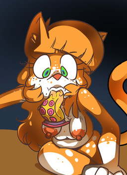 anthro belly big_breasts blue_eyes breasts dildo eyelashes female freckled_breasts freckled_face freckled_shoulders freckles fur green_eyes hair long_hair multicolored_body multicolored_eyes multicolored_fur orange_arms orange_body orange_fur orange_hair orange_spots orange_tail pink_nose sex_toy solo spots streaming_setup tail tentacle_dildo white_arms white_belly white_body white_fur white_spots white_torso scott_ramsoomair vglewds vg_cats april_(vg_cats) domestic_cat felid feline felis mammal absurd_res hi_res