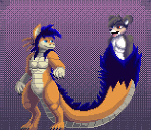 abdominal_bulge ambiguous_gender ambiguous_prey anthro anthro_pred anthro_prey belly big_belly blue_body blue_eyes blue_fur blue_hair claws duo fur grey_body grey_fur hair hand_on_belly hand_on_own_belly heterochromia long_tail looking_at_another looking_down looking_down_at_belly male male_pred open_mouth orange_body orange_scales scales smile standing tail tail_fetish tail_play tail_vore tan_body tan_fur tan_scales tongue tongue_out vore white_body white_fur vinvulpis mythology taluthus canid canine canis domestic_dog dragon fox hybrid mammal mythological_creature mythological_scalie scalie 2d_animation animated digital_media_(artwork) low_res pixel_(artwork) pixel_animation