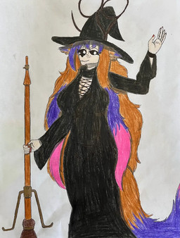 anthro antlers bell bracelet bracket broom cleaning_tool cleavage_cutout clothing colored_nails cutout drawstring_topwear female fluffy fluffy_tail freckled_face freckles hair hat headgear headwear holidays horn jewelry multicolored_hair nails simple_background solo tail witch_costume witch_hat dylanaildon_no_2 halloween tirisk_(dylanaildon_no_2) forest_spirit mammal hi_res shaded simple_shading traditional_media_(artwork)