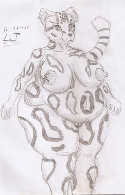 anthro belly big_breasts breasts female looking_at_viewer nipples obese obese_anthro obese_female overweight overweight_anthro overweight_female simple_background solo liamjackal felid feline leopardus mammal ocelot absurd_res hi_res monochrome