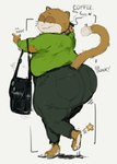 anthro beverage big_butt black_bottomwear black_clothing black_handbag black_jeans black_pants bottomwear butt butt_jiggle clothed clothed_anthro clothed_male clothing coffee coffee_cup container cup denim denim_bottomwear denim_clothing dipstick_tail fully_clothed fully_clothed_anthro fully_clothed_male fur furgonomic_pants green_clothing green_shirt green_topwear half-closed_eyes handbag holding_coffee_cup holding_container holding_cup holding_object jeans jiggling looking_at_viewer looking_back looking_back_at_viewer male male_anthro markings narrowed_eyes naughty_face overweight overweight_male pants pose shadow shirt simple_background snapping_fingers solo standing tail tail_markings tan_body tan_fur text topwear whiskers white_background neato5 lucas_(elchilenito) domestic_cat felid feline felis mammal english_text hi_res
