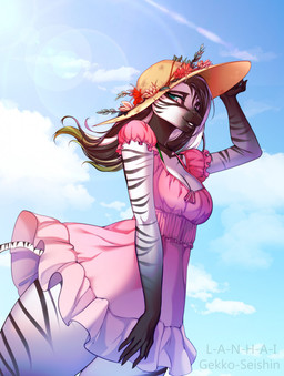 alternative_fashion anthro biped black_hair blue_sky breasts cleavage clothed clothing cloud country_lolita dress eyelashes female frilly frilly_clothing frilly_dress front_view fur green_eyes green_highlights hair hat headgear headwear highlights_(coloring) j-fashion light lolita_(fashion) long_hair looking_at_viewer medium_breasts outside pink_clothing pink_dress sky smile smiling_at_viewer solo striped_body striped_fur stripes sun_hat sundress sunlight tail text thin_tail three-quarter_view white_body white_fur white_highlights gekko-seishin lanhai equid equine mammal zebra 2021 artist_name digital_drawing_(artwork) digital_media_(artwork) hi_res portrait shaded soft_shading three-quarter_portrait